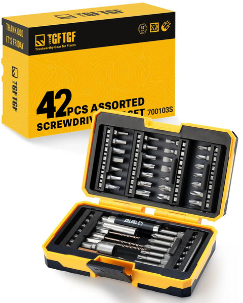 Heavy Duty S2 Steel Screwdriver Bit Set With Magnetic Drill Bits 42 Piece with yellow case, open showing contents.