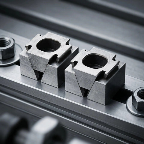Premium CNC Machining Center Side Clamp With Precision Wedge Stop Block For Milling Operations shown from above on metal surface.