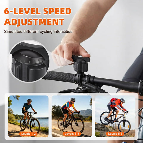 Cyclist using Foldable Magnetic Indoor Bike Trainer with six-level resistance, showing levels 1-6 adjustments.