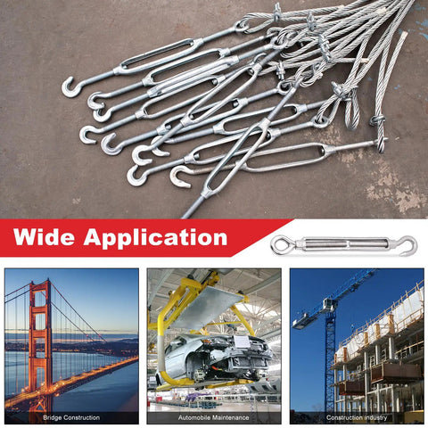 Top Shelf 304 Stainless Steel Hook And Eye Turnbuckle Kit For Wire Rope Tensioning Heavy Duty M10 Rigging Hardware on display.