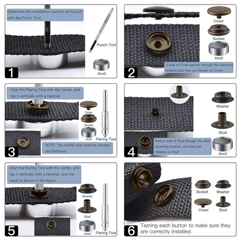 Leather Snap Fastener Kit Set with 37 Pieces and Five Eighth Inch Bronze Snaps, installation steps for DIY projects.