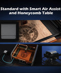 40W Laser Engraver With Acrylic Enclosure Air Assist Pump Honeycomb Bed Built In Camera And Safety Class 1 All In One Laser Engraving Machine Delivers Crazy Fast 40000 Millimeters Per Minute Speed For Wood Plastic Leather Metal Projects showing honeycomb table and engraved wood