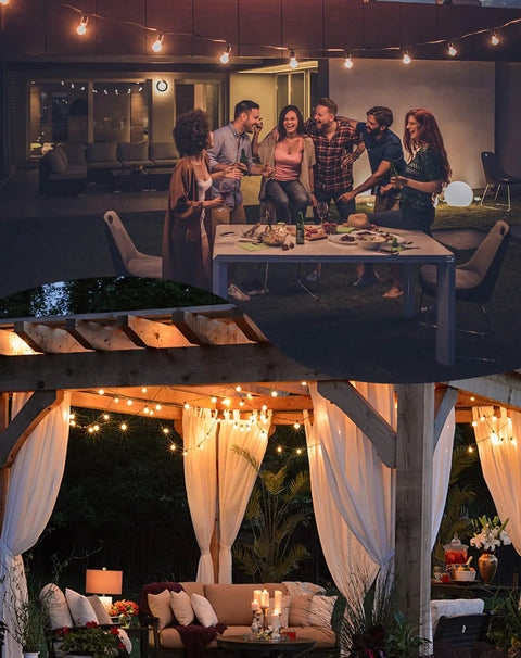 Outdoor String Lights 150 Ft With 75 Shatterproof G40 Globe Bulbs illuminate backyard gathering, draped over pergola and table.