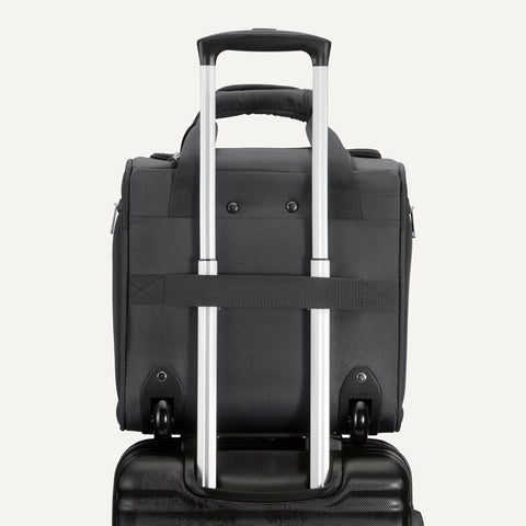 Amazon Basics underseat carry-on luggage, black with retractable handle and two wheels (back view)