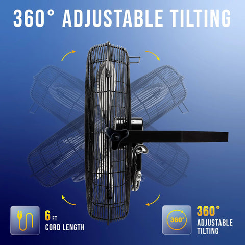 Side view of 18 Inch High Velocity Industrial Wall Fan With TEAO Enclosure Motor 4000 CFM 3 Speed showing 360-degree adjustable tilting.