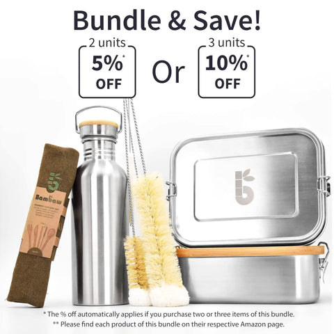 Bundle of Straight Up Reliable Stainless Steel Water Bottle 32 Oz, bamboo cutlery set and cleaning brushes.