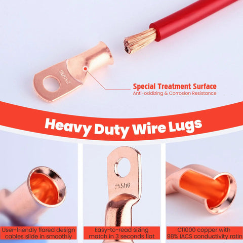 Beefed Up Heavy Duty One Zero AWG Battery Lugs Kit With Three Eighth Inch Ring Terminals Copper Lugs Closed End Connectors Includes Ten Four To One Heat Shrink Tubing Five Black Five Red For Battery Cable Ends