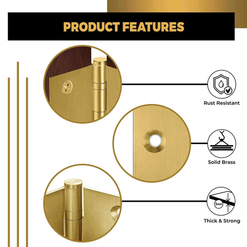 Product features of Heavy Duty Ball Bearing Door Hinges 4x4 Inch Solid Brass Matte Satin Brass With Decorative Screw On Tips Included