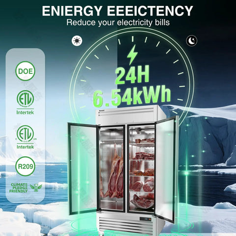 Heavy Duty Two Door Reach In Commercial Freezer, 35 Cu Ft, showing energy efficiency details, stainless steel finish and interior storage.