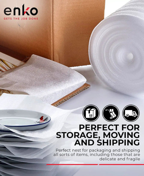 High Density Solid Foam Wrap Roll For Shipping And Moving Delivers Knockout Cushioning For Dishes Glassware And Breakables with packing box and dishes.