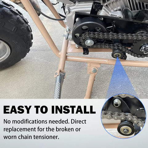 Heavy Duty Chain Tensioner With One And Three Quarter Inch Roller installed on mini bike for BT200X CT200U CT200U-EX TrailMaster