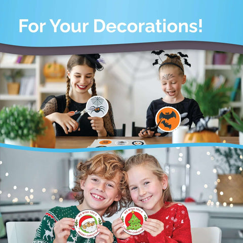 Printable vinyl sticker paper for inkjet/laser printers; collage of two kids making round Halloween and Christmas stickers on glossy sheets.