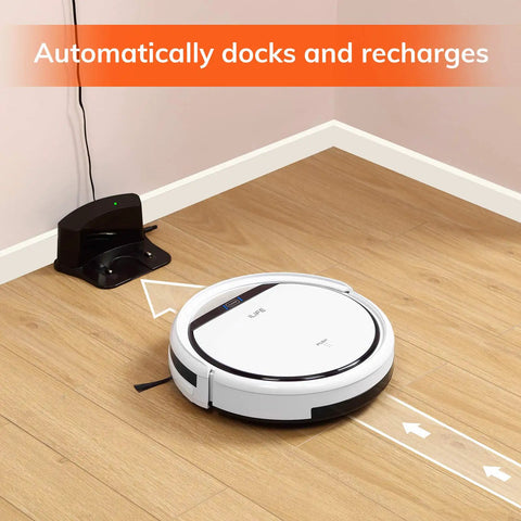 V3s Pro Robot Vacuum Cleaner with Tangle-Free Pet Hair Suction auto recharging on hardwood floor near docking station