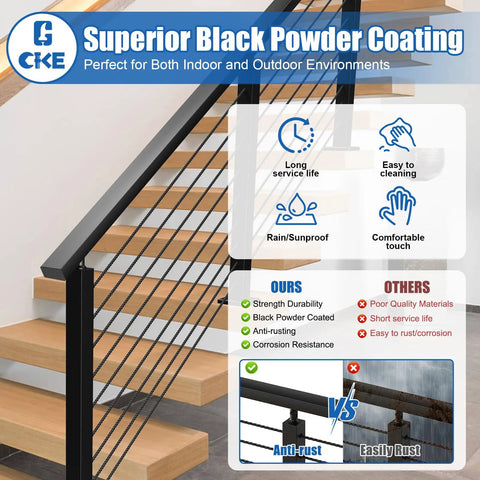 Two Pack 6 Ft 6 In Stainless Steel Cable Railing Handrail For Indoor Outdoor Deck And Stair, Flat Top Black Rectangular Handrail Kit With End Caps, Seamless Weldless Design For Low Maintenance, Model HT01, showing black powder coating and durability features on a staircase.