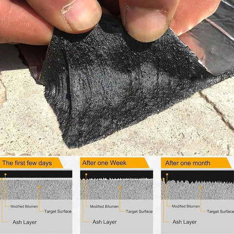 Heavy Duty Self Adhesive Roofing Repair Tape Badass Waterproof Polymer Asphalt Seal showing application process on roof surface.