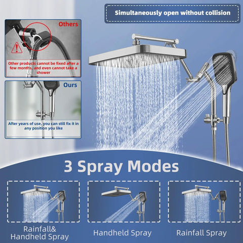 Real Deal 14 Inch Rain Shower Head With Lower Handheld Control And Sleek Chrome Finish Features Heavy Duty Brass Hardware For Epic Full Body Coverage Plus Zero Sweat Hook Up Design showcases three spray modes.