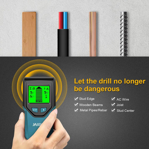 Smooth Operator 5 In 1 Wall Scanner And Stud Detector With Smart Chip Technology Hd Lcd Display in use detecting wires and wooden beams.