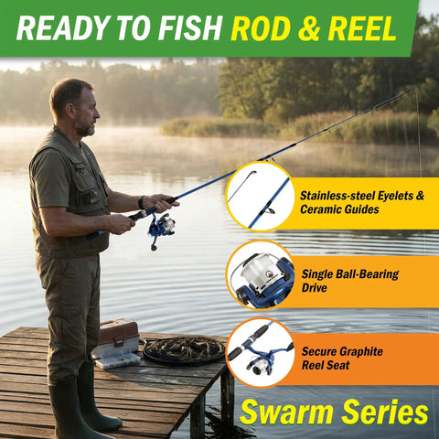 Man fishing with Swarm Series Spinning Rod And Reel Combo With Comfort Grip Split EVA Foam Handle Ultra Lightweight 65 Inch.