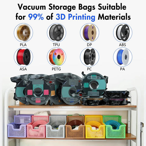 Reusable Vacuum Storage Bags For 3D Filament Top Tier Kit With Hand Pump And Clips Heavy Duty moisture-proof bags with various filament spools.