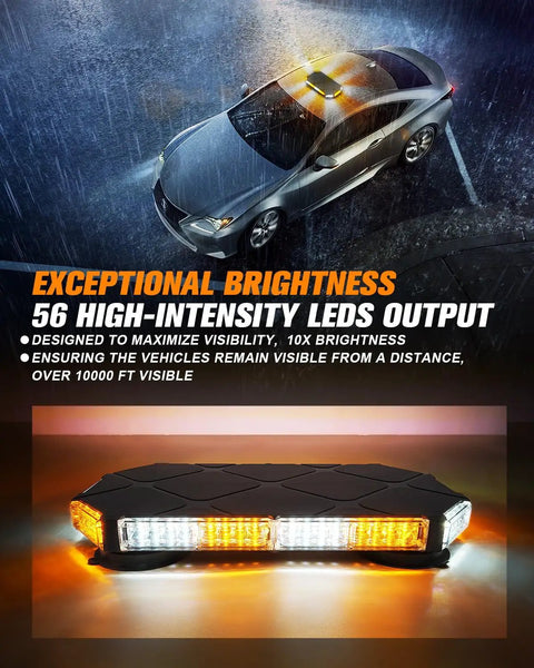 Heavy Duty 56 Led Amber White Rooftop Beacon Strobe Light Bar For Trucks And Work Vehicles mounted on a vehicle showing bright LEDs.