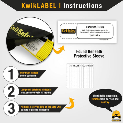 KwikLABEL instructions for SUPERCELL Safety Harness 2 Pack Boss Level Full Body Fall Protection components and usage.