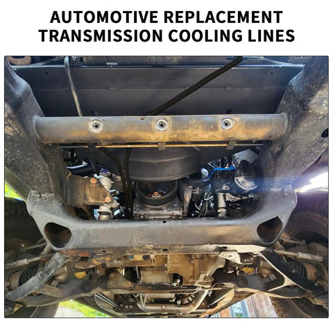 Undercarriage view with 70 Inch 6AN Black Braided Transmission Cooler Lines Kit for GM Chevy Ford Turbo 700R4 4L60E 4L65E 4L80E