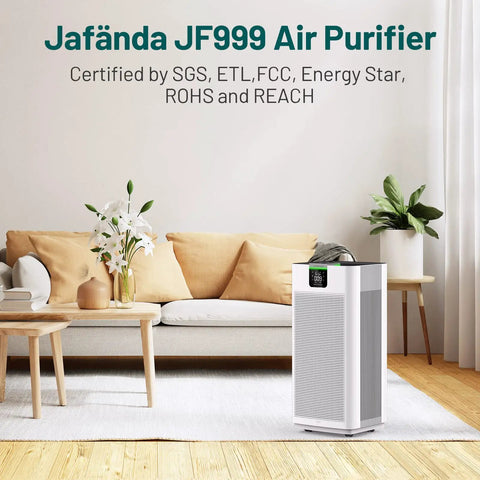Living room with sofa, plants, and Jafanda JF999 air purifier on floor.