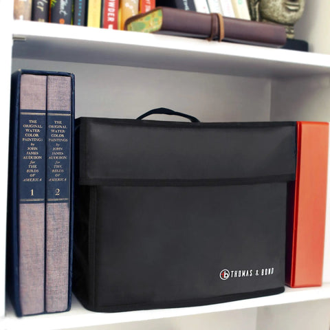 Ultra Lightweight Fireproof Document Safe Under 2 Lbs Portable Home Security Safe With Lockable Zipper on bookshelf