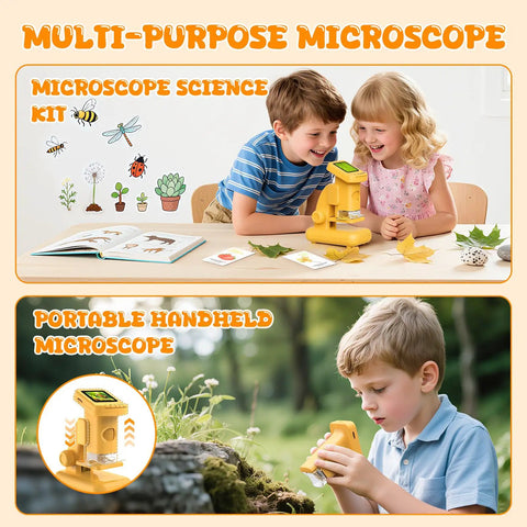 2-In-1 Kids Digital Microscope for Outdoors and Home, Switch Between Handheld and Desktop, HD Screen Video Capture, 9-Slide Science Kit, Portable STEM Toy Gift for Ages 6-12 Boys and Girls, Learn Like a Boss Scientist. Kids using yellow handheld and desktop microscope indoors and outdoors.