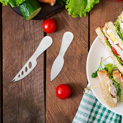 Cheese Knife And Butter Fork Set, Stainless Steel 5 Piece on wood table with sandwich and fresh veggies, ideal for travel