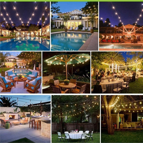 Outdoor String Lights Commercial Grade 96 Ft Waterproof With 30 S14 Shatterproof Dimmable LED Bulbs displayed in various backyard settings.