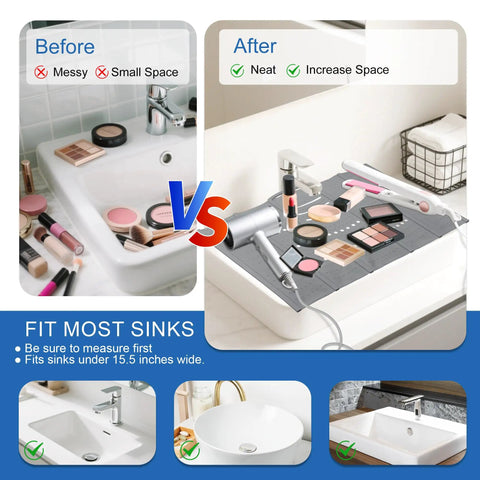 Before and after showing Real Deal Large Bathroom Sink Topper And Big Time Vanity Counter Mat Soft Silicone With Reinforced Steel Frame.