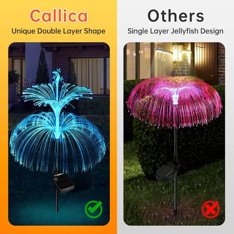 Lit Jellyfish Solar Lights Outdoor Garden 3 Pack Waterproof Color Changing Yard Decor with star and moon accents, blue double layer shape.
