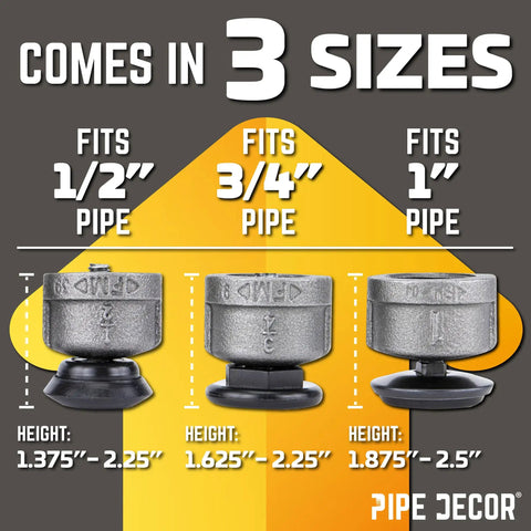 Pipe leg levelers in 3 sizes for 1/2, 3/4, and 1 inch pipe with adjustable height, fits adjustable pipe leg levelers for 1 inch pipe legs.