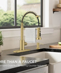 Brushed Gold Kitchen Faucet With Pull Down Sprayer, Single Handle Gold Sink Faucet, installed in modern kitchen, 360 Degree Swivel Spout
