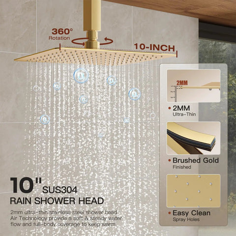 Legit Top Shelf Gold Shower System With Heavy Duty All Metal Dual Rainfall Ceiling And Wall Mount Handheld Sprayer Featuring Quick Push Button Diverter Valve For Solid Fresh Bathroom Refresh Project Upgrade 10-inch brushed gold rainfall shower head with rotating feature.