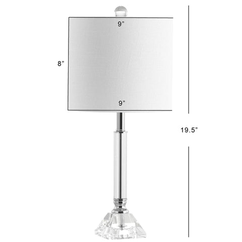 Clear Crystal Table Lamps Set Of 2 Measuring Nineteen Point Five Inches Tall With Chrome Glass Columns, shown with white linen shade.