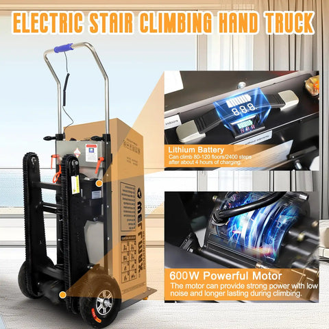 ROOMEDAL Electric Stair Climbing Hand Truck Dolly With 661 Lb Capacity Heavy Duty Folding Cart showcasing lithium battery and motor.