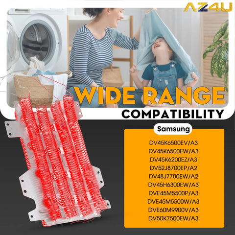 Image of Best Pro Grade Dryer Heating Element Replacement For Samsung DV45K6500EV DV45K6500EW DV45K6200EZ with compatibility list.