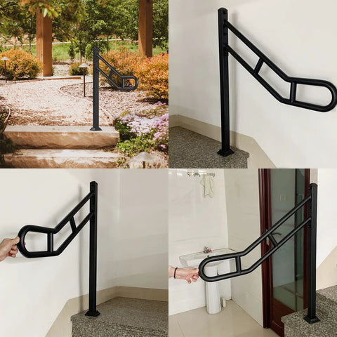 Outdoor Single Post Hand Rail For 1 To 3 Steps, Heavy Duty Wrought Iron Stair Railing With U Shaped Post, Floor Mounted Grab Rail