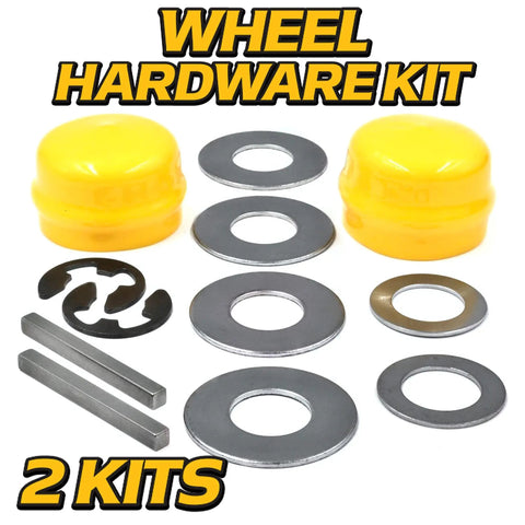 Heavy Duty Rear Wheel Axle Key And Hardware Kit For Lawn Tractors Fits L100 L105 L107 L108 L110 L111 L118 L120 L130 LT150 LT160 LT Models with yellow hubcaps and metal washers.