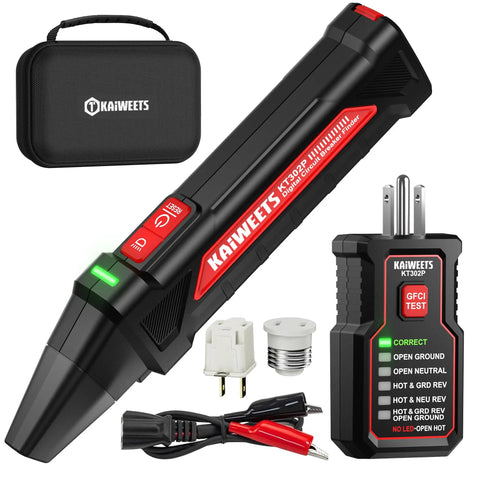 Circuit Breaker Finder Kit With GFCI Outlet Tester And Dual LED Indicators, All In One Electrical Tracer With Flashlight, Carrying Case And Adapters KT302P displayed with case and accessories.