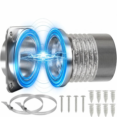 Magnetic Dryer Vent Connector Kit 4 Inch With Quick Connect, duct hose, clamps, screws, showing airtight magnetic coupler.