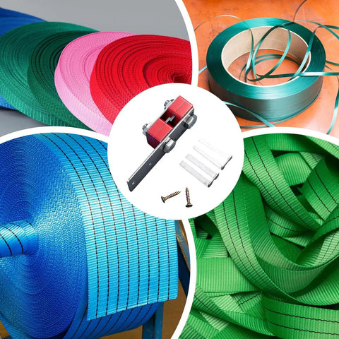 Heavy Duty Banding Strapping Tool With Ergonomic Handle For Fast Packing And Carton Box Bundling surrounded by colorful straps