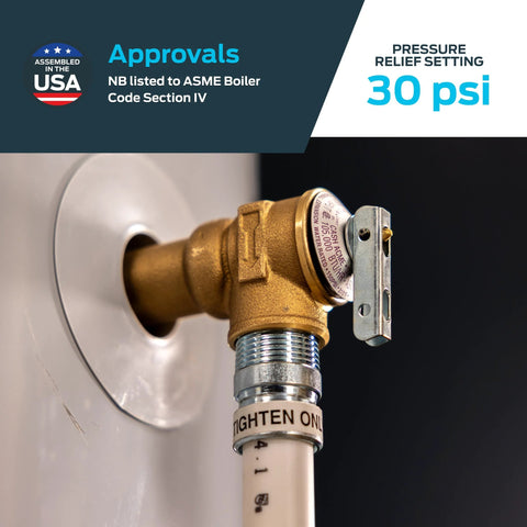 Cash Acme 3/4 in brass F-30 safety relief valve mounted on PVC piping with compression nut (front view)