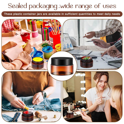 200 Piece 2 Oz Amber Plastic Cosmetic Jars Collection Round Travel Toiletry Containers With Secure Screw Top Lids on craft and makeup tables.