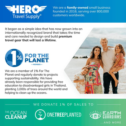 Family posing with Hero Travel Supply community impact text highlighting sustainability and conservation efforts.