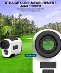 High Precision Golf Rangefinder With Slope, Flag Lock, And Vibe Feedback, 6.5X Magnification, 1200 Yard Range displayed on golf course