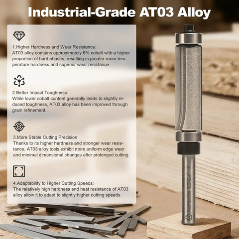 Top And Bottom Bearing Flush Trim Router Bits Set 1/4 Inch Shank For Laminate And Template Work, AT03 alloy details shown