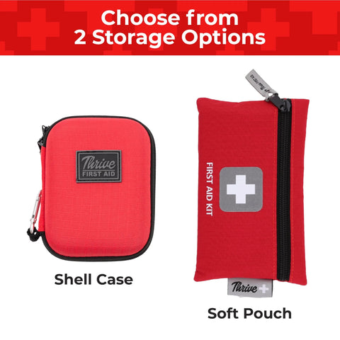 Thrive First Aid Kit shell case and red soft pouch, two storage options shown.